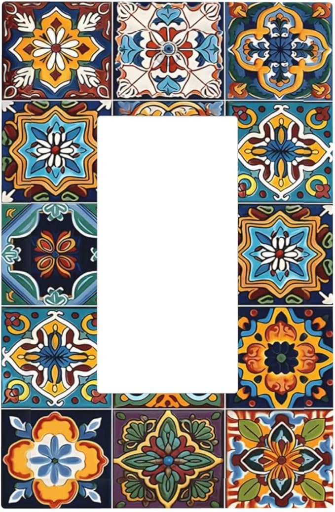 Mexican Talavera Tiles Floral Decorative Outlet Covers 1 Gang Single Rocker Light Switch Cover Plate Wall Plates GFCI Faceplate for Bathroom Kitchen Decor