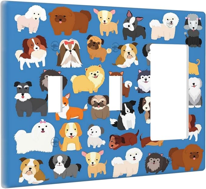 Cute Animal Dogs Puppy Decorative Outlet Cover 2 Toggle 1 Rocker Light Switch Plate Cover Electricity Receptacles Plates For Home Kitchen Living Bedroom 6.38 * 4.5