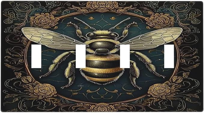 Light Switch Covers Mid Century Bee Dark Floral Quad Toggle Electrical Faceplate 4 Gang Wall Plate Decorative Switch Plates For Home Office Decor