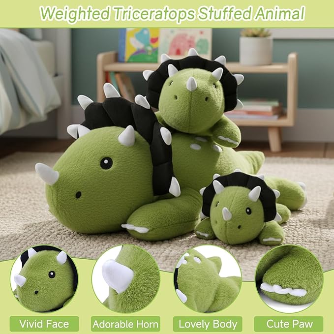 SQEQE Weighted Triceratops Dinosaur Plush, Weighted Stuffed Animal Dinosaur for Comforting Hugs, Soft Plushie Toy Pillow Gift for Kids, Valentines Birthday Decoration 13.8 Inch, 1.7 Lb