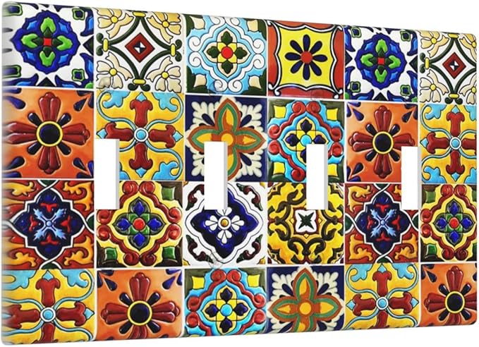 Boho Mexican Moroccan Tile 4 Gang Quad Toggle Device Light Switch Cover Decorative Wall Plate Decorative Electrical Faceplate Outlet Cover