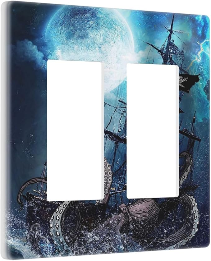 Moon Ocean Nautical Octopus 2 Gang Double Rocker/Decora Light Switch Cover Decorative Outlet Wall Plate Electrical Faceplate Home Family Art Decor Screwless