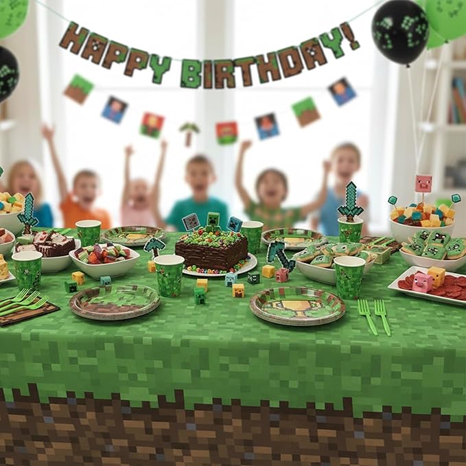 Pixel Party Paper Plates and Napkins Supplies - Serves 25 - 9" & 7" Paper Plates Napkins Forks Tablecloth - for Baby Shower Video Game Pixelated Themed Birthday Supplies