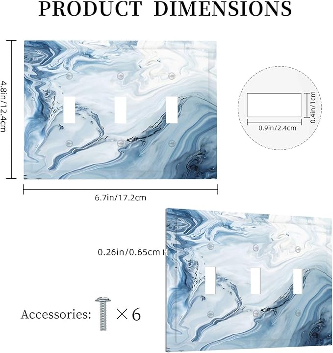 Blue Marble Abstract Ombre Chic Luxury Print Decorative Switch Plates 3 Gang Wall Plate Triple Toggle Light Switch Cover Faceplate Electrical Wall Panels for Bathroom Living Room Decor