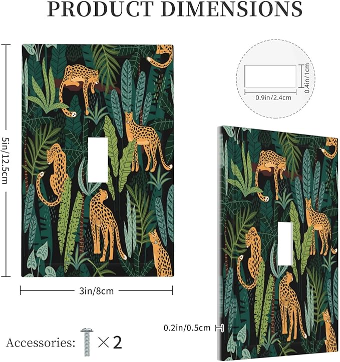 Jungle Cheetah Tropical Wildlife Leopard Green Palm Leaf Decorative Light Switch Cover 1 Gang Single Toggle Device Electrical Faceplate Switchplates Decorator Outlet Wall Plate for Farmhouse Home