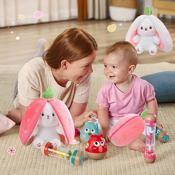 MIAODAM Easter Bunny Stuffed Animal, Carrot and Strawberry Bunny Plush Turn Into Rabbit Fruit Doll, Plushies Funny Bunny Toy for Girls (Strawberry Rabbit, 10inch)