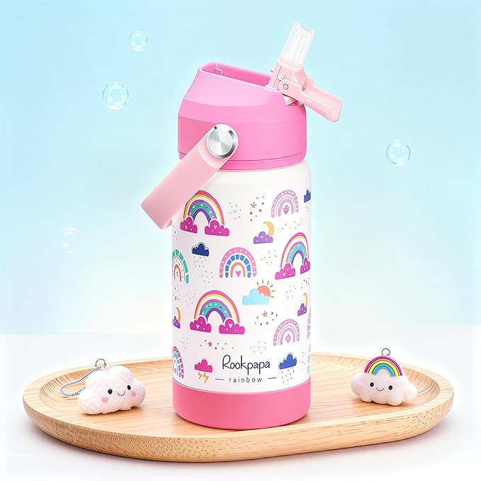 rockpapa 14 oz Kids Insulated Water Bottle，Stainless Steel Toddler Cups with Straws, BPA Free, Leak-Proof, Kids Water Bottle for School Boys& Girls (White Rainbow)