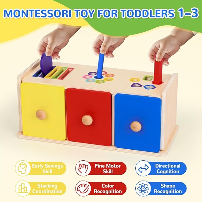 Toddler Montessori Toys, 3-in-1 Wooden Color & Shape Sorting Learning Matching Box Toy for Baby Toddlers 1 2 3 Year Old