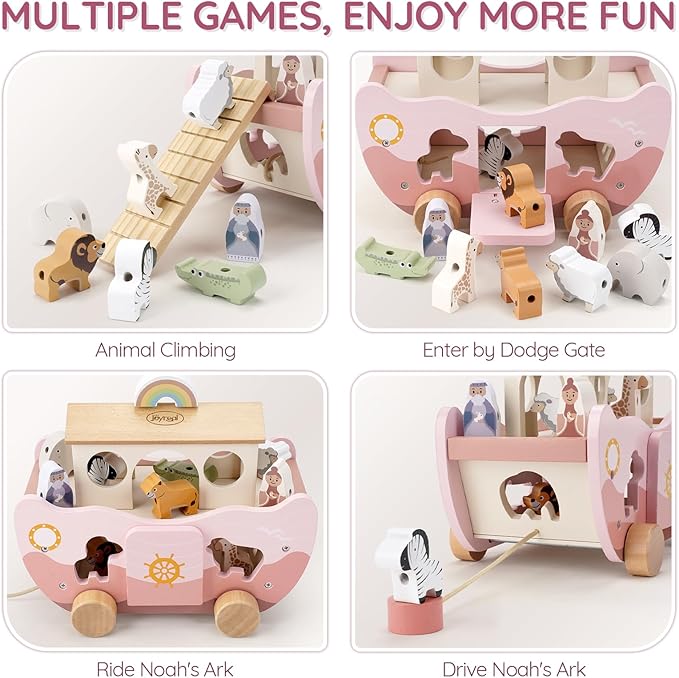 Joyreal Pink Wooden Noah's Ark Toy for 1 Year Old Baby Girl Baptism Gift - Montessori Educational Toy with Animal Shape Sorter - Christian Toys for Toddler Boy 1-3 Years Old Christmas Birthday Gift