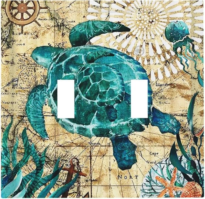 Sea Blue Turtle Beach Theme Nautical Ocean Cute Teal World Map Tortoise Coastal 2 Gang Double Toggle Outlet Light Switch Wall Plate Outlet Cover Electrical Faceplate Switchplate Kids Bedroom Decor