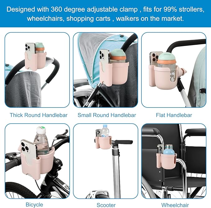 Accmor Stroller Cup Holder with Phone Holder, Bike Cup Holder, Universal Cup Holder for Uppababy Nuna Doona Strollers, 2-in-1 Cup Phone Holder for Stroller Bike Accessory