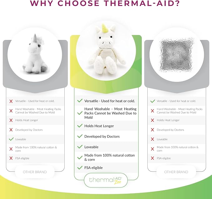 Thermal-Aid Zoo Mini — (Juno the Unicorn) — Mold-Resistant, Washable Hot & Cold Pack for Kids — Heating and Cooling Pad with Natural Corn Filling — Reusable Plush Toy