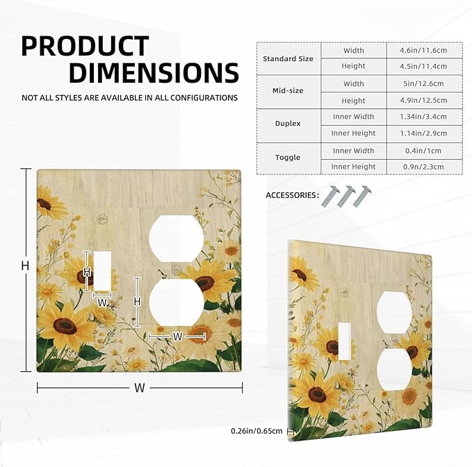 Decorative Switch Cover Plate with Vintage Botanical Sunflower Field Design Toggle Duplex Wall Plate 2 Gang Light Switch Cover Outlet Covers for Nature Yellow Blooms Wall Decor