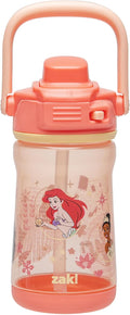 Zak Designs Disney Princess Beacon Kid Water Bottle for Travel, 12oz Plastic is Durable and Leak-Proof with Liquid Lock Spout, Carry Handle, Protective Base (Ariel, Cinderella, Moana, Rapunzel, Tiana)