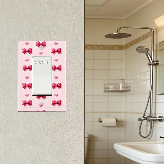Pink Bow & Heart Single Rocker Switch Cover - 1-Gang Standard US Size Preppy Coquette Light Switch Covers, Sweetheart Girly Pattern for Girls Room