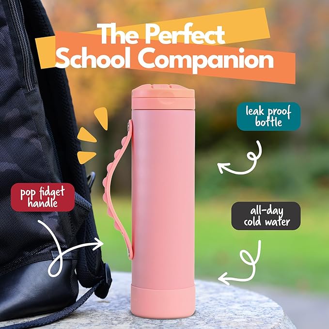 Elemental Iconic Kids Water Bottle for School - 100% Leak-Proof Insulated Water Bottles with Straw Lid & Pop-It Handle for Boys & Girls - Triple-Wall Insulated & BPA-Free, 20oz – Rose