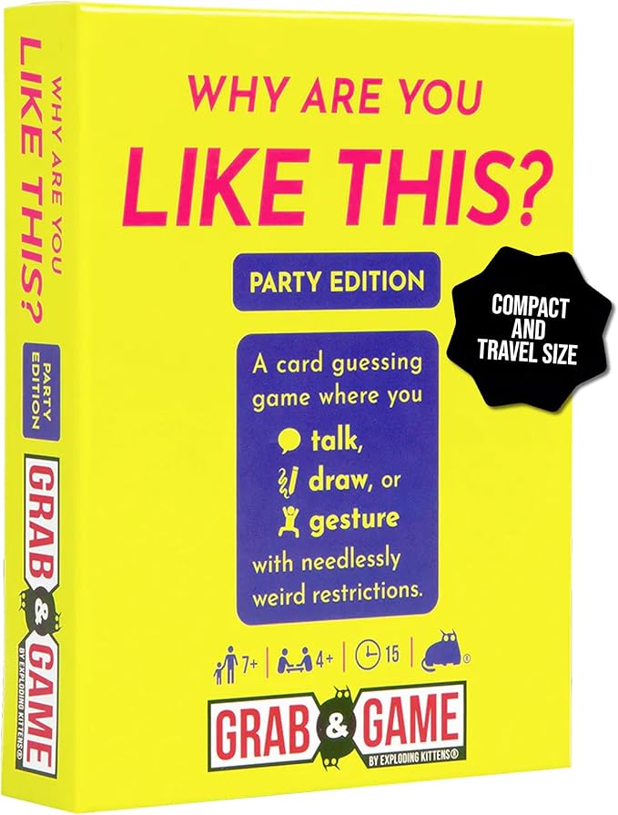 Exploding Kittens Why are You Like This? Party Edition Grab & Game, 4+ Players - Ages 7+ - 15 Minutes to Play - Talking, Drawing, & Gesturing Guessing - for Party, Family, Couples