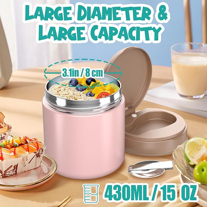 Thermo for Hot Food Kids - 15.2oz, Leak Proof Insulated Food Jar, Soup Thermo, Insulated Lunch Containers, Termos Para Comida Caliente, Wide Mouth Lunch Box with Folding Spoon and Handle