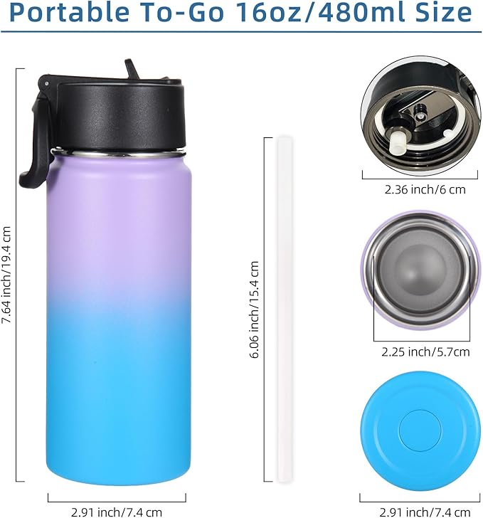Volhoply 16 OZ Kids Water Bottle Bulk 8 Pack,Insulated Sports Bottles with Straw Lid,Stainless Steel Bottle with Handle Keep Cold & Hot,Double Wall Vacuum Tumbler Cups for School(Assorted, 8)
