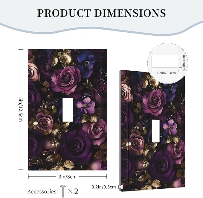 Decorative Switch Cover Plate with Luxurious Purple Roses Gold Accents Leaves Design Single Gang Toggle Switch Plate Light Switch Covers Artistic Faceplate for Romantic Bedroom/Living Room