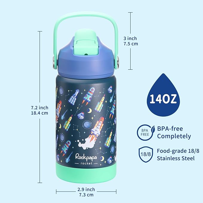 rockpapa 14 oz Kids Insulated Water Bottle，Stainless Steel Toddler Cups with Straws, BPA Free, Leak-Proof, Kids Water Bottle for School Boys& Girls (Blue Rocket)