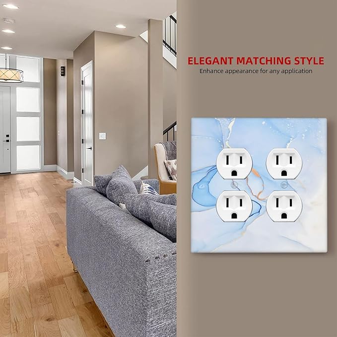 Modern Art Blue Gold Marble Abstract Luxury Print Outlet Covers 2 Gang Double Duplex Decorative Light Switch Covers Electrical Wallplates Socket Faceplate for Bathroom Living Room Decor