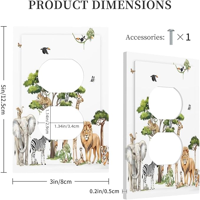 Large Animals Elephant Giraffe Jungle Lion Leopard Zebra Outlet Covers 1 Gang Duplex Light Switch Cover Decorative Switch Plates Electrical Receptacle Faceplate Wall Plate for Kids Room Nursery Decor