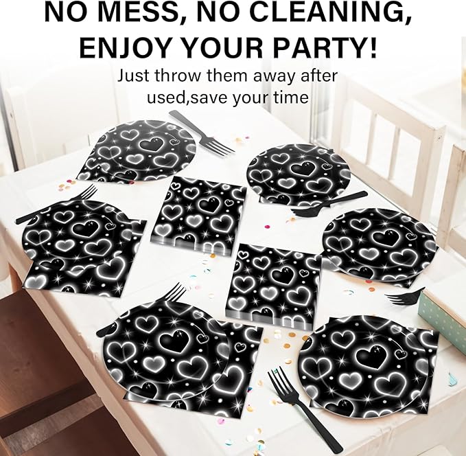 Qyeahkj 100 Pcs 2000s Party Plates Napkins Forks Set Black Heart Tableware Supplies Y2k Theme Birthday Party Decoration Early 2000s Dinnerware Decorations Favors for Birthday Party Serve 25