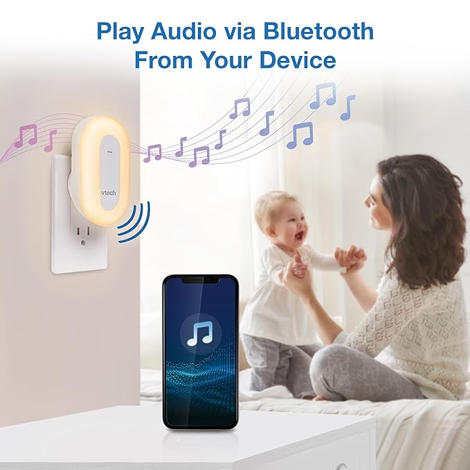 VTech BC8113 V-Hush Plug Sleep Training Soother with 40 Stories/Songs/Sounds & Record Your own Voice. Bluetooth Speaker, 250+ Multi-Color Night Light, No Batteries & No Cords Required