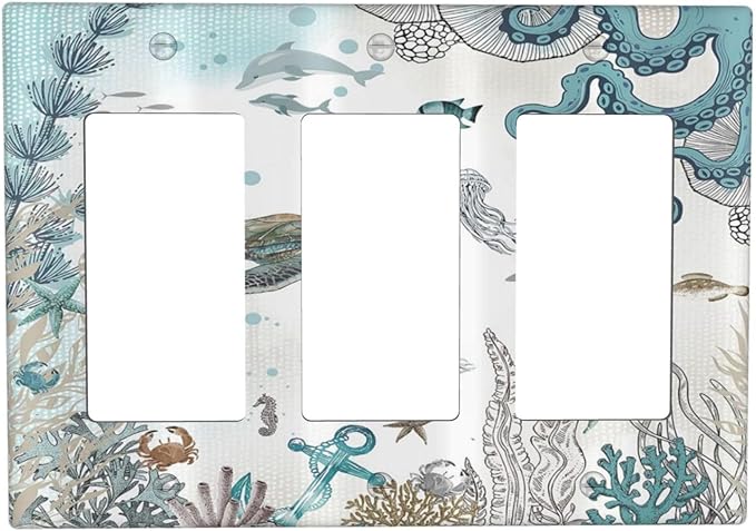 Sea Turtle Octopus Ocean Underwater Animal 3 Gang Rocker Light Switch Covers Decorative Unique Triple Outlet Wall Plate Cover Faceplate Decorative Switchplate GFCI for Bedroom Bathroom Decor