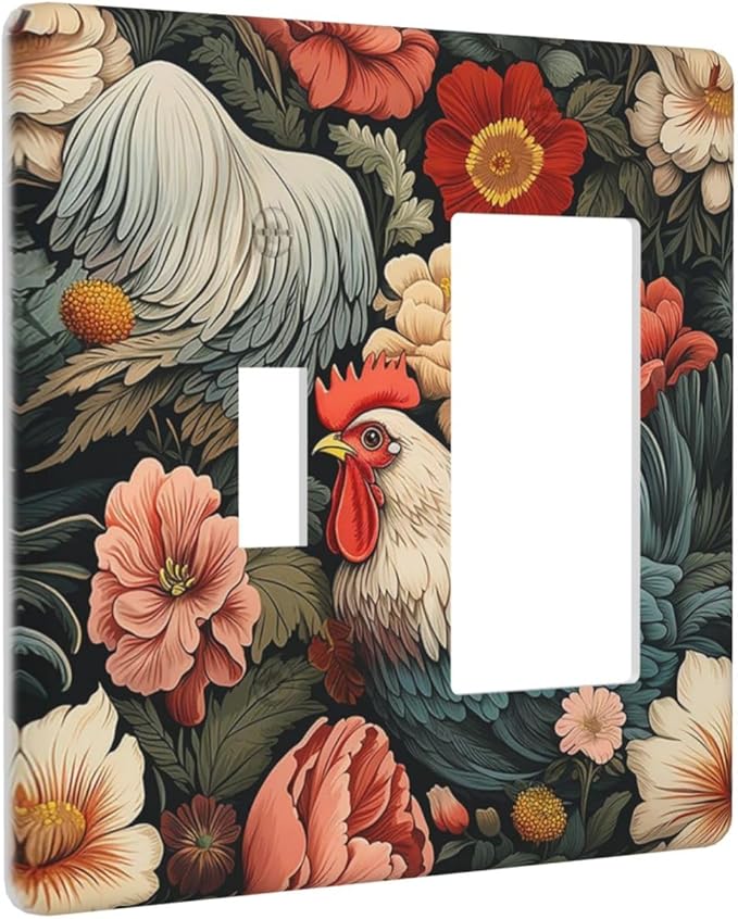 Outlet Covers Rooster Flowers Red White Chicken Floral 1 Toggle 1 Rocker Combination Decorative Wall Plate Electrical Switch Plates Light Switch Cover Plate for living Room Farmhouse Decor