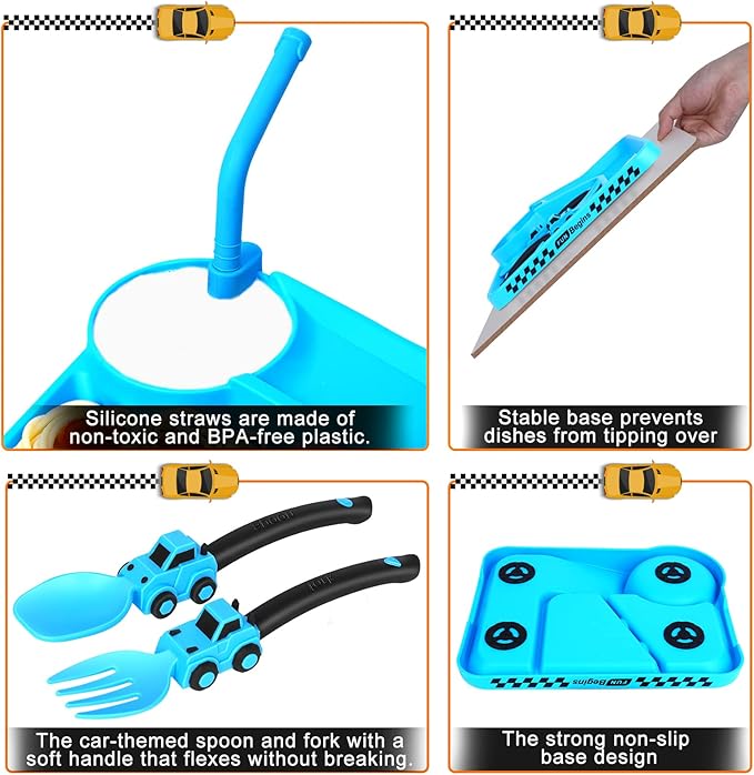 Deinyi Construction Toddler Plates - Construction Utensils for Toddlers - Easter and Birthday Gift Toddler Utensils for 1 2 3 4 5 6 7 year - Blue