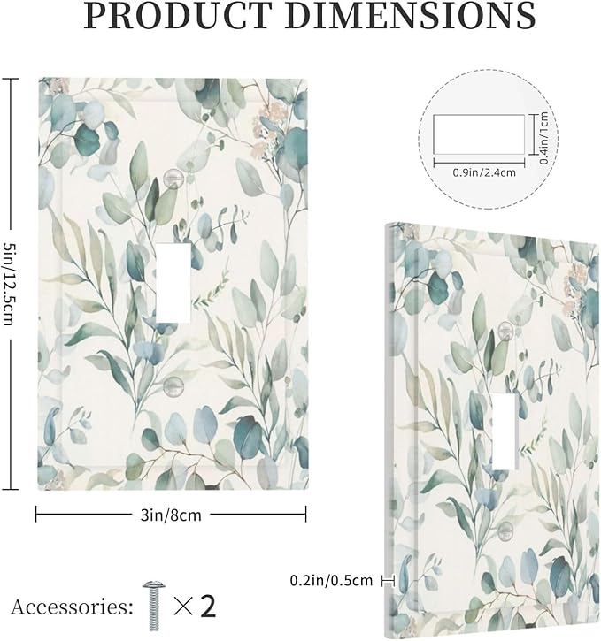 Boho Green White Eucalyptus Leaf Floral Decorative Light Switch Cover 1 Gang Single Toggle Device Electrical Faceplate Switchplates Decorator Outlet Wall Plate for Farmhouse Living Room Decor