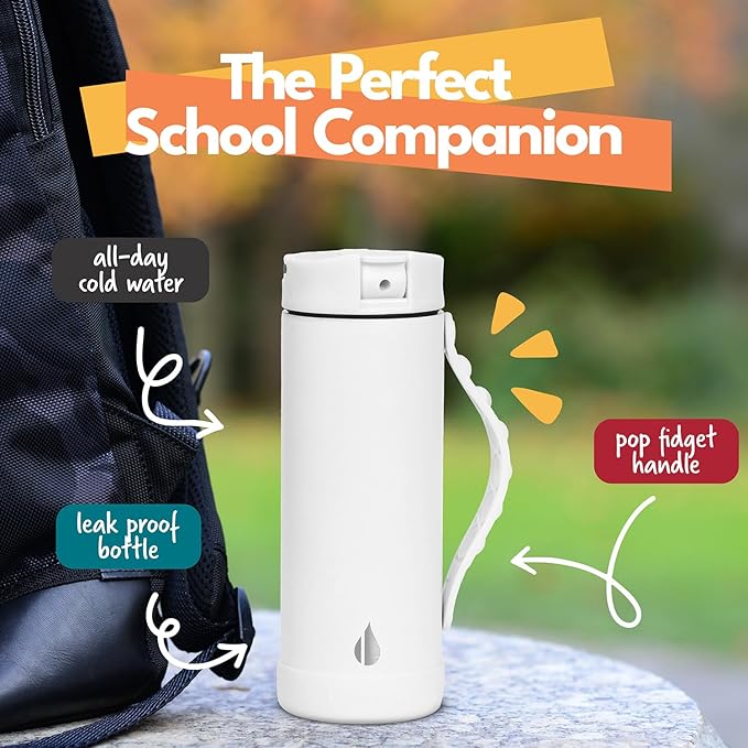 Elemental Iconic Kids Water Bottle for School - 100% Leak-Proof Insulated Water Bottles with Straw Lid & Pop-It Handle for Boys & Girls - Triple-Wall Insulated & BPA-Free, 14oz – White
