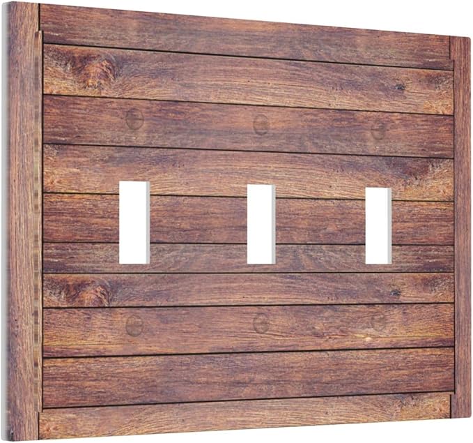 Decorative Switch Plate Cover with Wood Texture Rustic Vertical Planks Brown Design 3 Gang Artistic Wall Plate Unique Triple Toggle Light Switch Covers for Vintage Aesthetic Kitchen/Bedroom