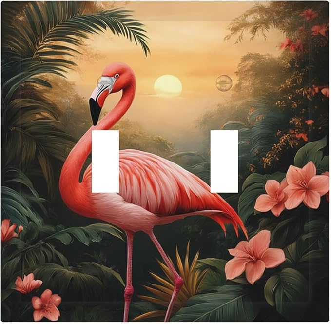 Tropical Flamingo Jungle Paradise Double Toggle Switch Cover - 2-Gang Standard US Size Exotic Jungle Escape Light Switch Covers for Bathroom Decor