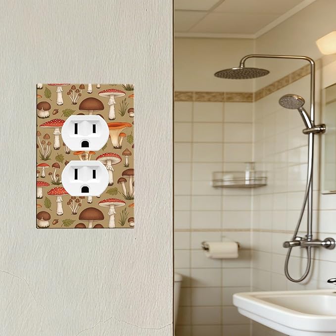 Whimsical Mycology Duplex Wall Plate - 1-Gang Standard US Size Vintage Mushroom Outlet Covers, Woodland Medley for Farmhouse Home Decor