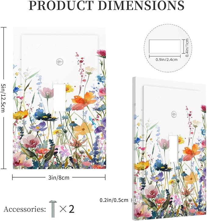 Watercolor Wildflowers Colorful Floral Plant Decorative Light Switch Cover 1 Gang Single Toggle Device Electrical Faceplate Switchplates Decorator Outlet Wall Plate for Bedroom Living Room Decor