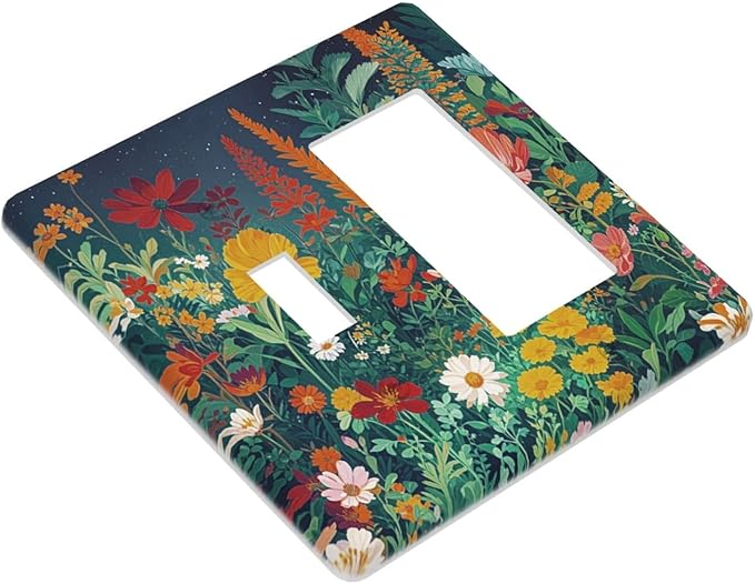 Decorative Toggle Switch Cover Plate with Wildflowers & Stars Botanical Floral Art Design 2-Gang 1-Gang Standard Wall Plate Light Switch Cover for Garden Theme Wall Decor