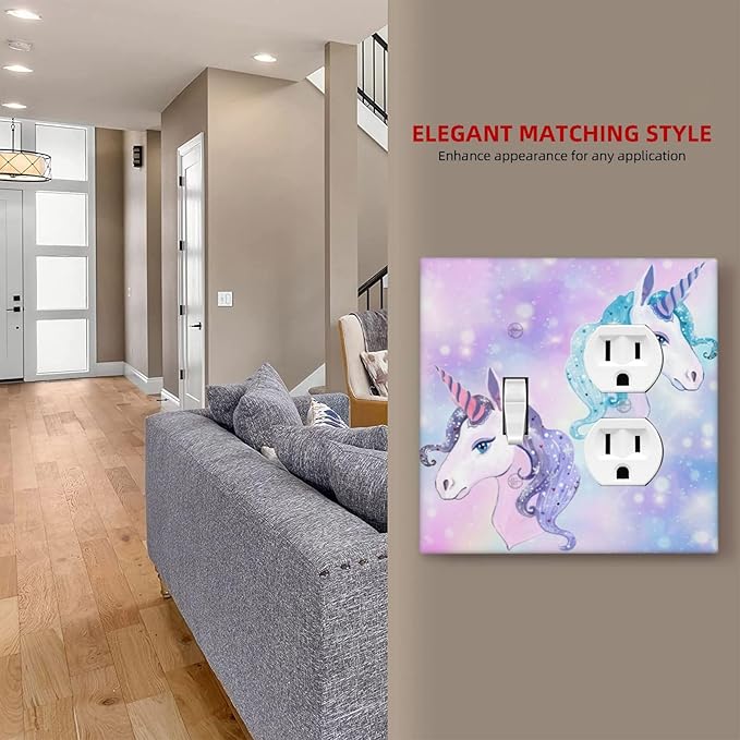 Rainbow Purple/Blue Unicorn 2-Gang 1-Toggle 1-Duplex Device Combination Wallplate Cute Funny Fantasy Animal Dreamy Nursery One Toggle Switch and One Duplex Receptacle Outlet Combo Light Switch Cover