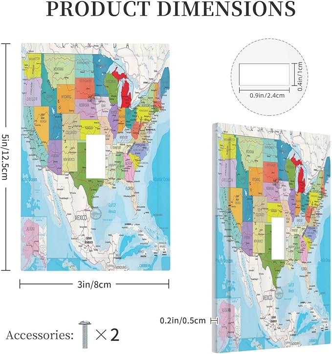 Educational Geography USA Cities Map White Earth Technology Colorful 1 Gang Light Switch Plate Decorative Single Toggle Wall Plate Cover Electrical Switchplate Faceplate Bathroom Bedroom Room Decorate