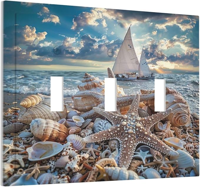Light Switch Cover Plate Summer Sea Beach Starfish Seashell Sailboat 3 Gang Switch Plate Covers Triple Toggle Decorative Wall Plates Electrical Faceplate for Bathroom Home Decor
