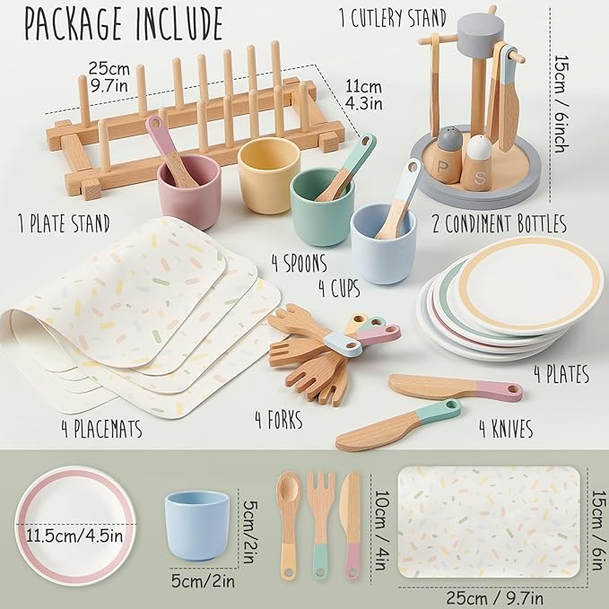Lonico Wooden Play Kitchen Accessories Toys for Toddlers 3-5, Kids Play Kitchen with Realistic Plates & Dishes & Tableware, Montessori Pretend Christmas Birthday Gifts for 3 4 5 6 Years Girls Boys