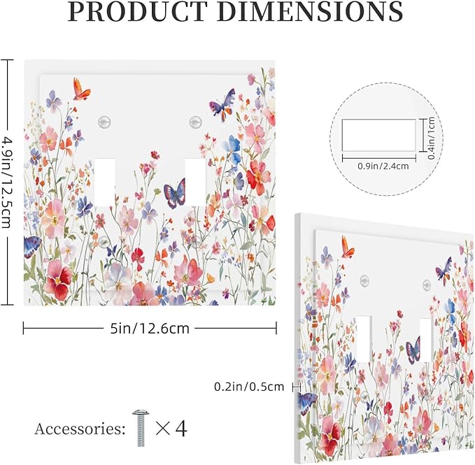 Colorful Flower Watercolor Floral Butterfly Bird Decorative Switch Plates 2 Gang Double Toggle Outlet Light Switch Cover Wall Plate Electrical Faceplate for Bedroom Living Room Decor