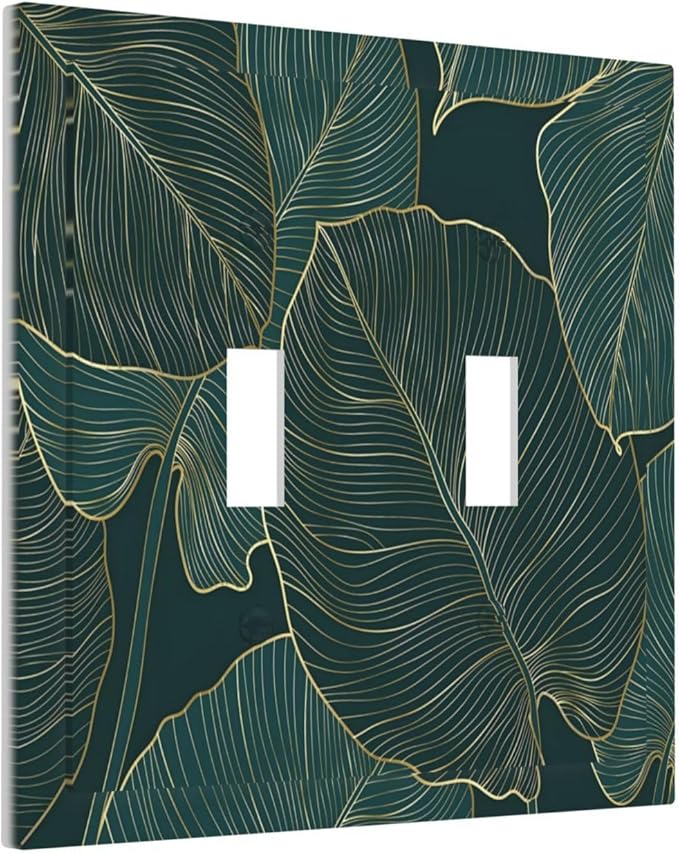 Gold Tropical Green Botanical Palm Leaves Decorative Switch Plates 2 Gang Double Toggle Outlet Light Switch Cover Wall Plate Electrical Faceplate for Bedroom Living Room Decor