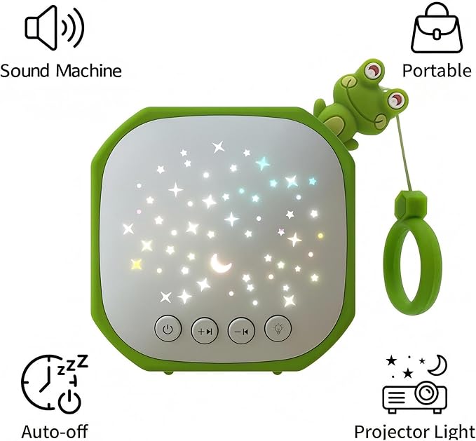 White Noise Sound Machine Baby with Star Projector | Portable Sleep Music Sound with Hook for Nursery, Bedroom, Travel, Infant, The Best Gift for Baby (Frog)