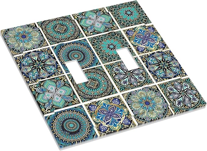 Decorative Switch Plates Mandala Decorative Rustic Vintage Turquoise Pattern 2 Gang Double Toggle Outlet Light Switch Cover Wall Plate Electrical Faceplate for Bedroom Bathroom Decor