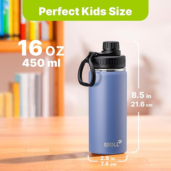 Kids Water Bottle 2 Pack-16 oz Stainless Steel Double Wall Vacuum Insulated Wide Mouth Sports Water Bottle Flask with Leakproof Spout Lid (Royal Blue-Purple)