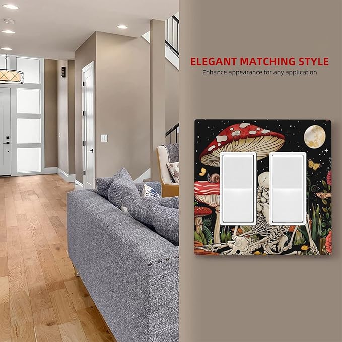 Mushroom Skull Skeleton Moon Star Plants Flora Light Switch Cover Double Rocker Wall Plate 2 Gang Decorative Gfci Electrical Switchplate Home for Bathroom Bedroom Kitchen Decor 4.6"X4.5"