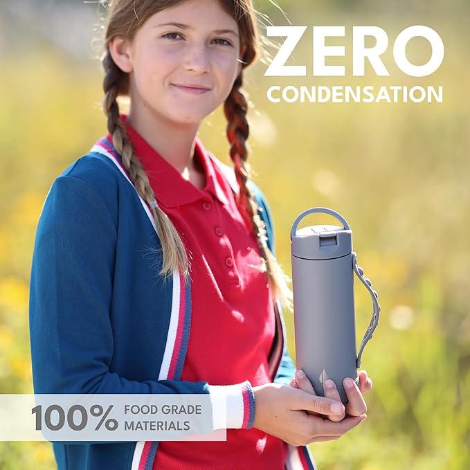Elemental Iconic Kids Water Bottle for School - 100% Leak-Proof Insulated Water Bottles with Straw Lid & Pop-It Handle for Boys & Girls - Triple-Wall Insulated & BPA-Free, 14oz – Graphite